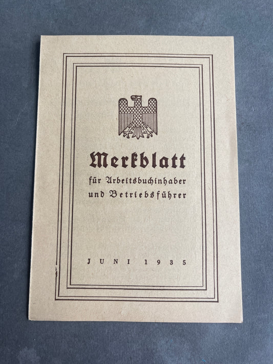 WW2 Tysk "Werfblatt" fra 1935 til "Arbeitsbuch". Original.