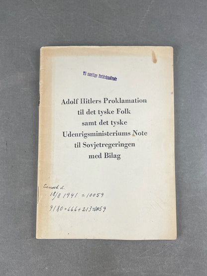 WW2 Tysk/Dansk "Adolf Hitlers Proklamation" Hæfte. Original.