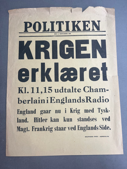 WW2 Dansk Politiken "Spiseseddel" om England erklærer Tyskland krig. A4-størrelse. Original.