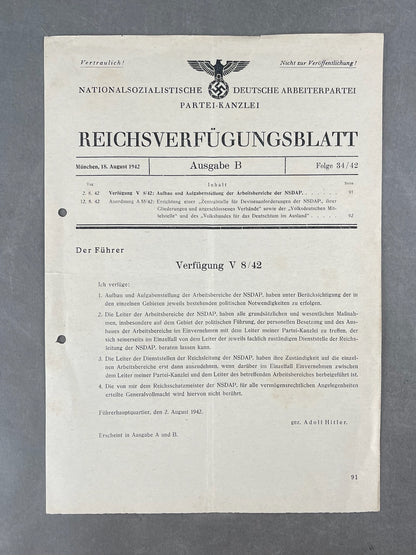 WW2 Tysk NSDAP "Reichsverfügungsblatt". Original.