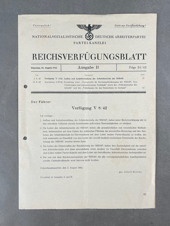 WW2 Tysk NSDAP "Reichsverfügungsblatt". Original.
