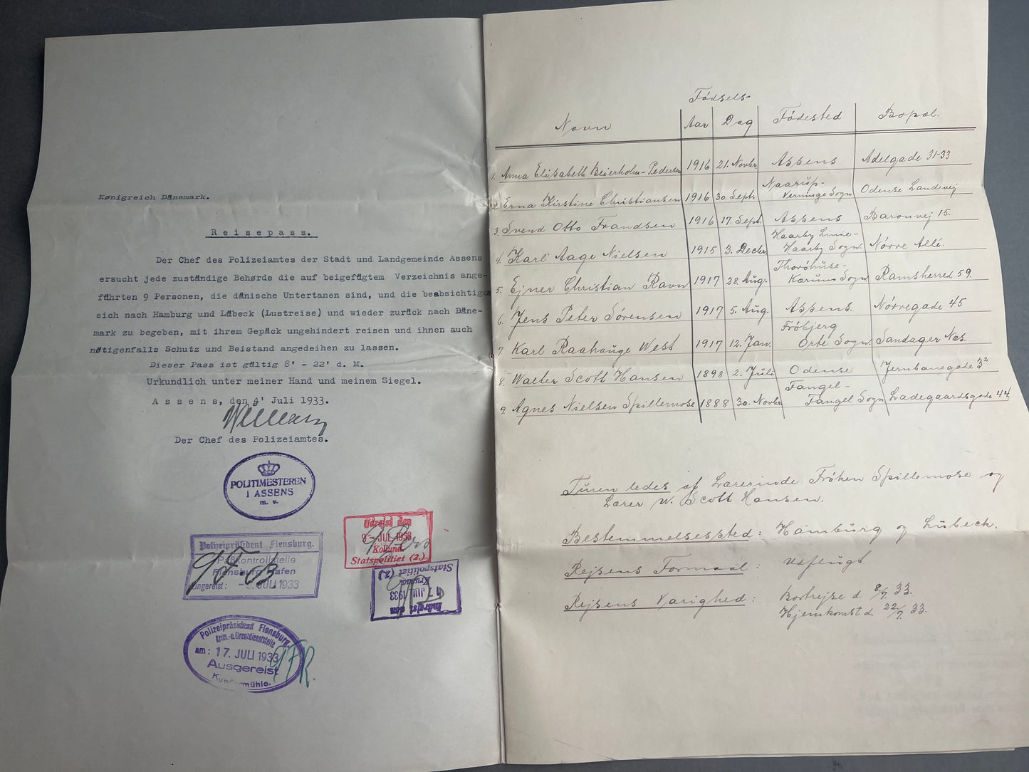 WW2 Dansk Politimester Passer- og rejsetilladelse.