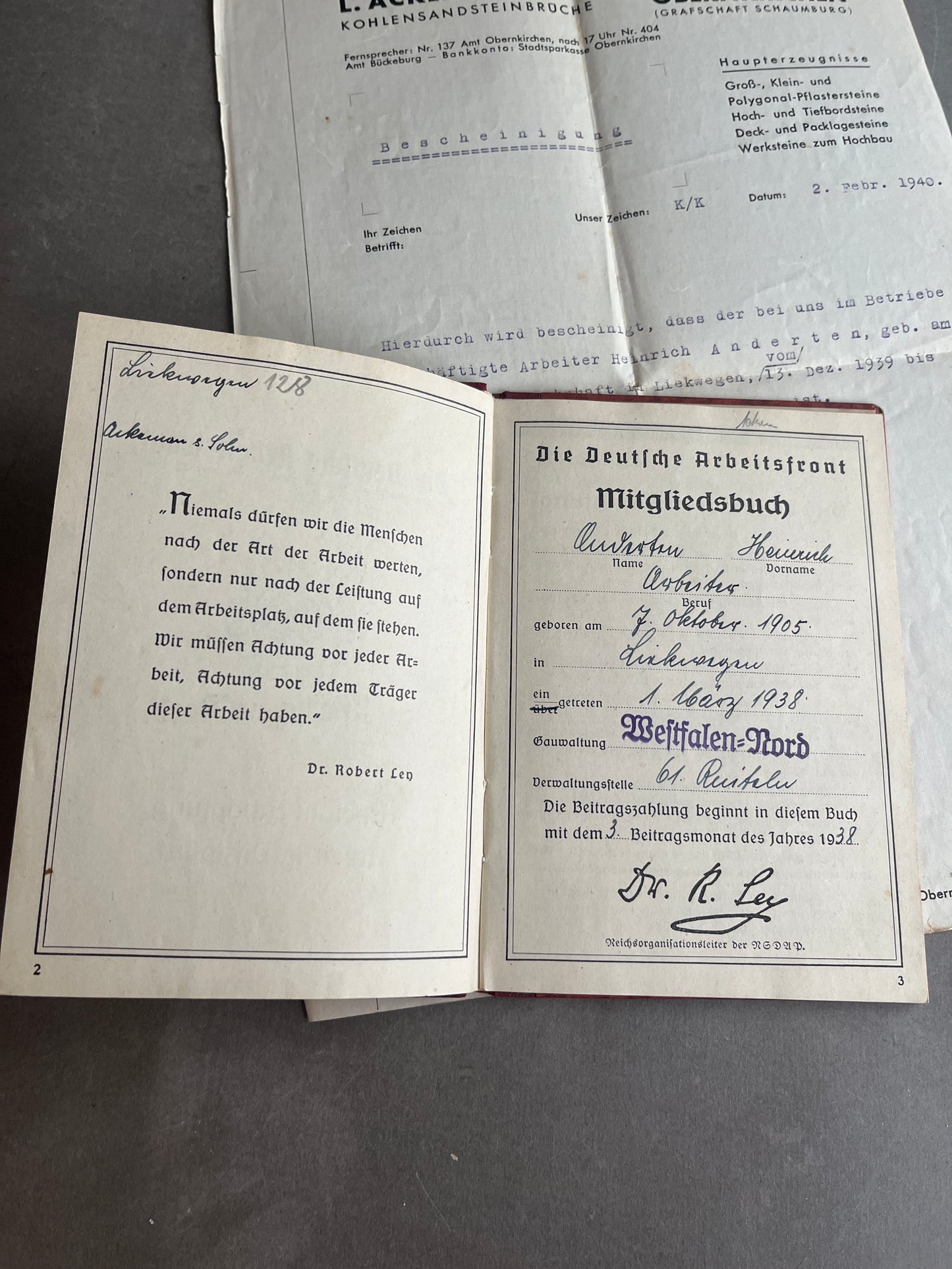 WW2 Tysk DAF Medlemsbog. Original