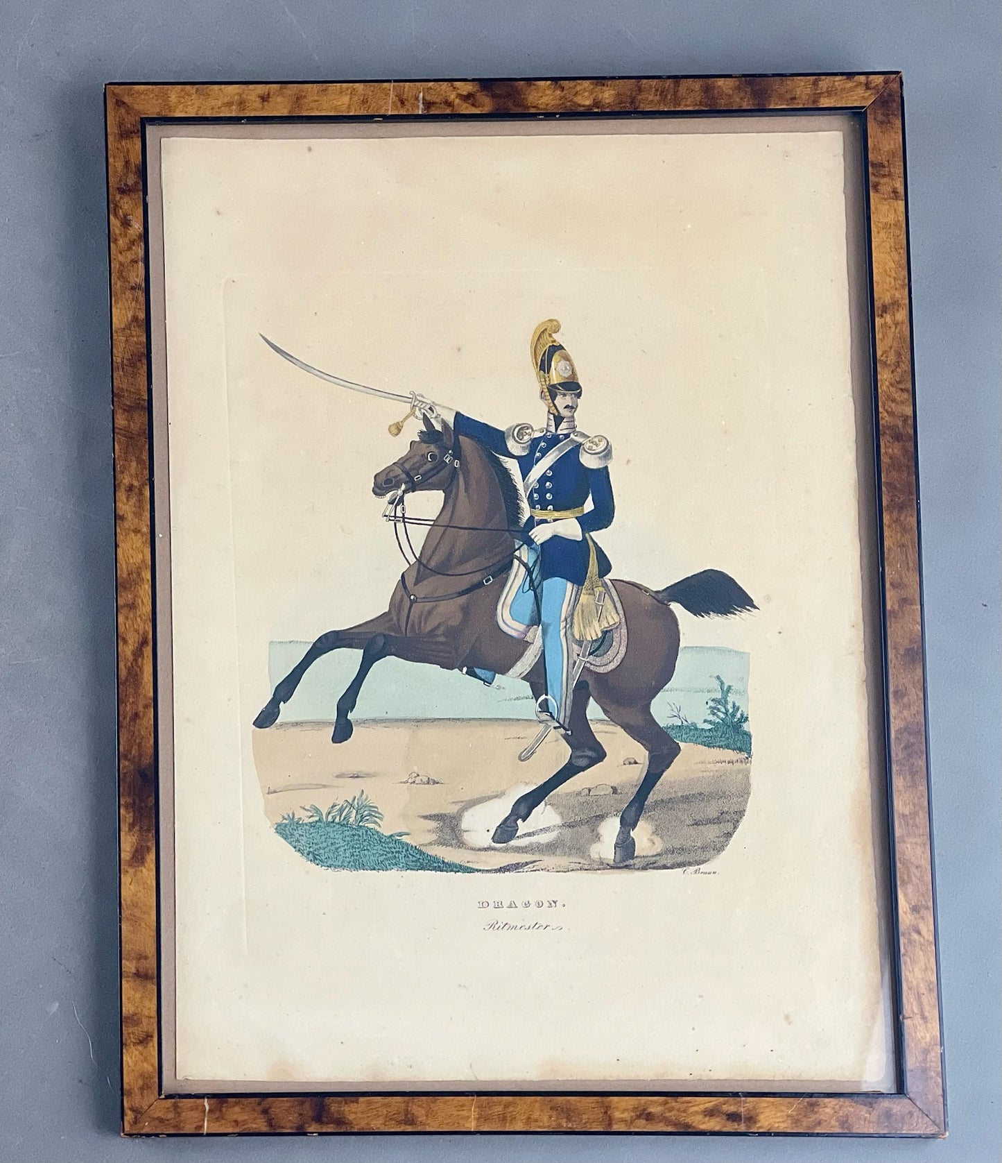 Ældre Militær Tryk af en Dragon. Original.