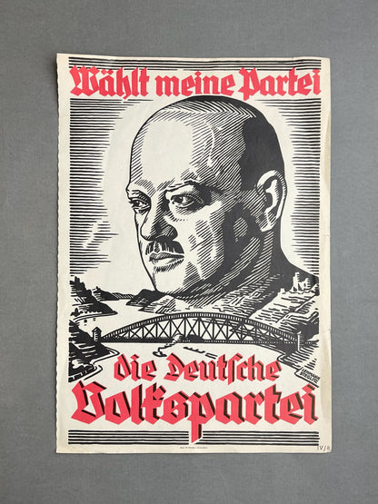 WW1/WW2 Valgplakat / Løbeseddel med Gustav Stresemann. Original.