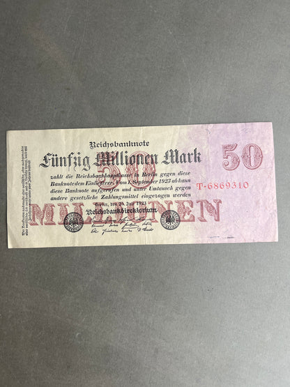 WW1/WW2 Tysk "Reichsbanknote" fra inflationen på 50 millioner mark. Original.