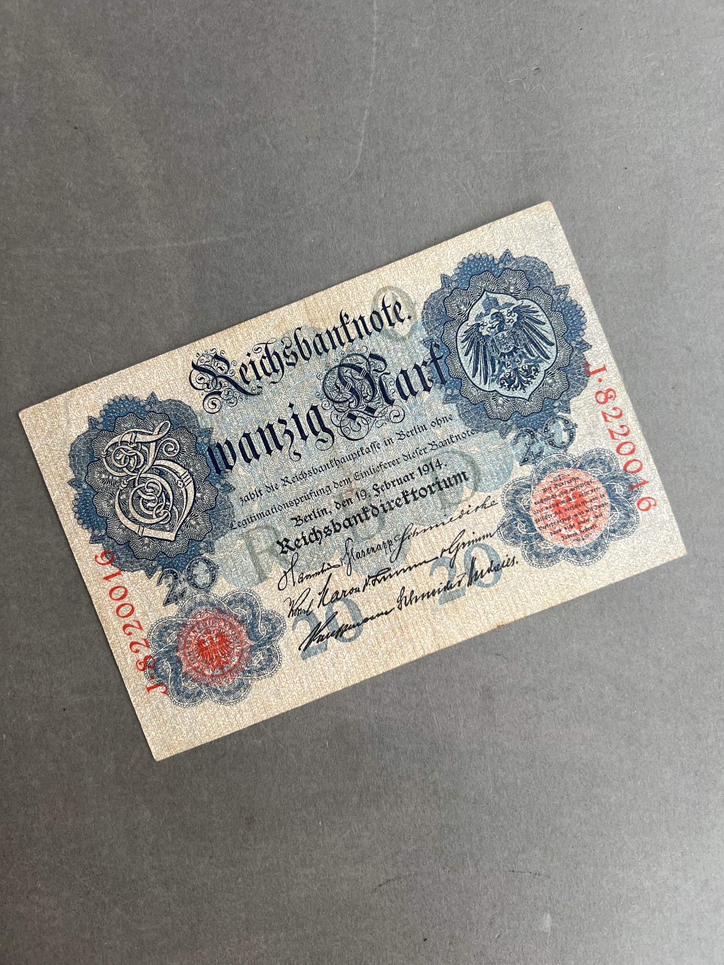 WW1 Tysk "Reichsbanknote" Pengeseddel. Fra 1914. Original.