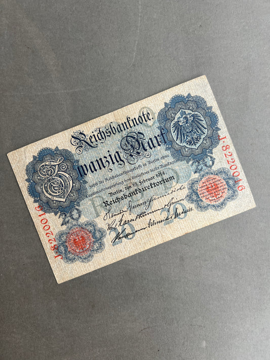 WW1 Tysk "Reichsbanknote" Pengeseddel. Fra 1914. Original.