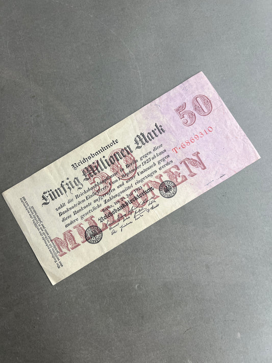 WW1/WW2 Tysk "Reichsbanknote" fra inflationen på 50 millioner mark. Original.