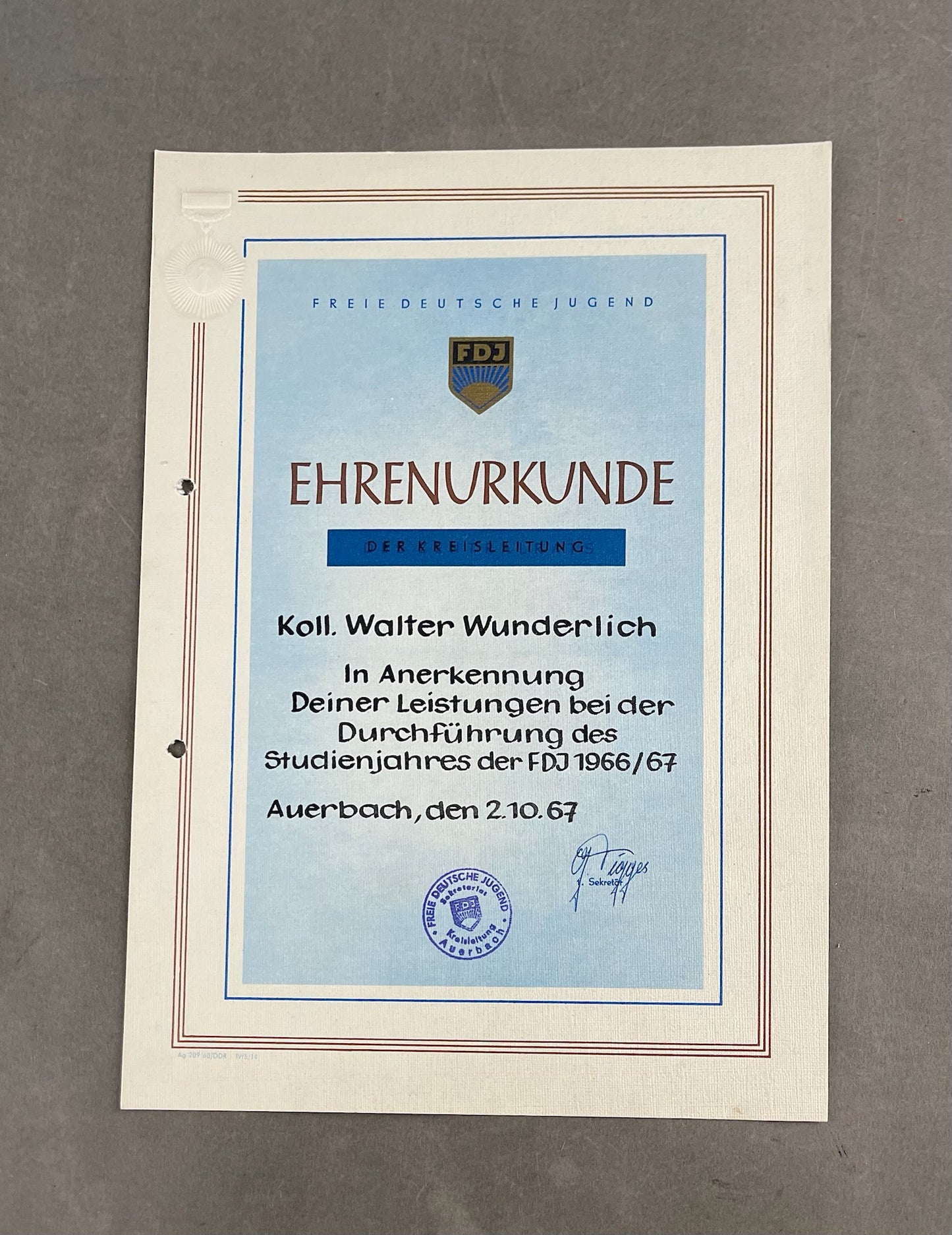Østtysk DDR Stort Urkunde/Medalje Lot. Original.