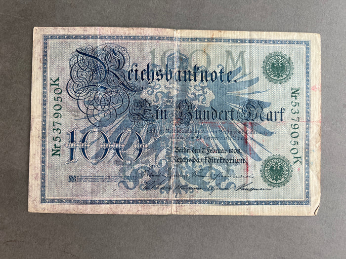 WW1 Tysk "Reichsbanknote" Pengeseddel. Fra 1908. Original.