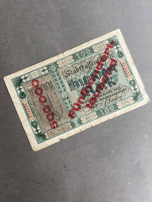 WW1/WW2 Tysk "Reichsbanknote" fra inflationen på 500.000. Opskrevet fra 100 mark. Sjælden. Original.