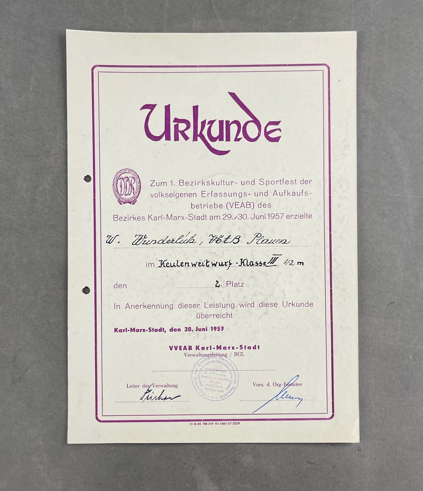 Østtysk DDR Stort Urkunde/Medalje Lot. Original.