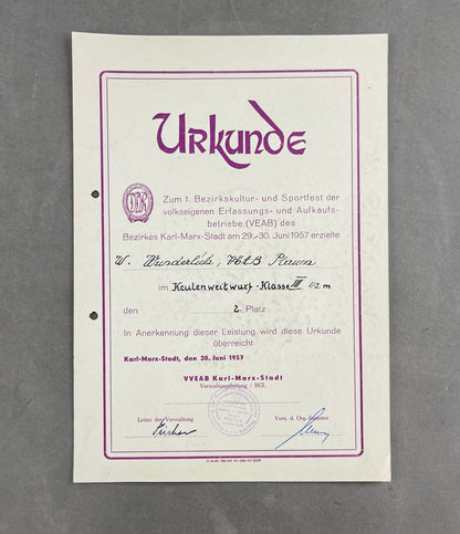 Østtysk DDR Stort Urkunde/Medalje Lot. Original.