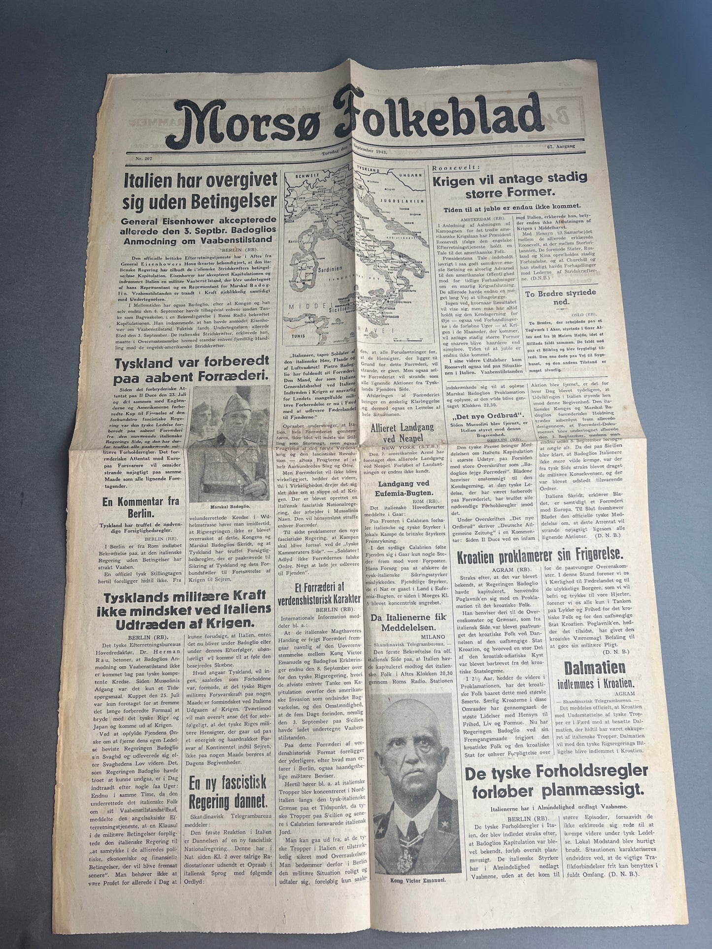 WW2 Dansk Avis "Morsø Folkeblad" fra 1943 om Italiens kapitulation. Original.