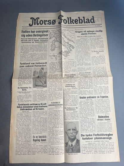 WW2 Dansk Avis "Morsø Folkeblad" fra 1943 om Italiens kapitulation. Original.