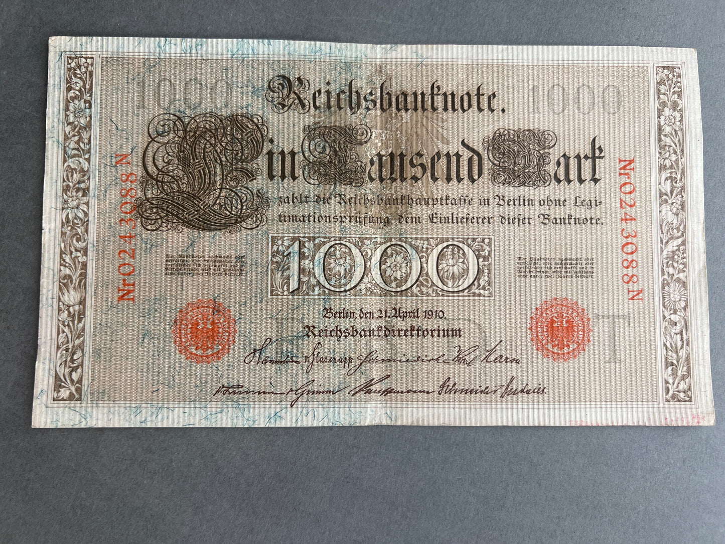 WW1 Tysk "Reichsbanknote" Pengeseddel. Fra 1910. Original.