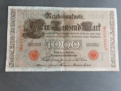 WW1 Tysk "Reichsbanknote" Pengeseddel. Fra 1910. Original.