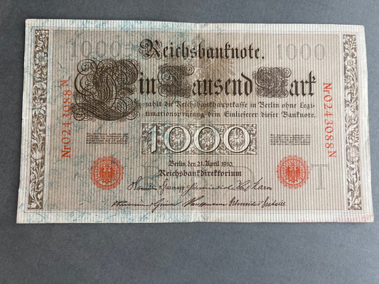 WW1 Tysk "Reichsbanknote" Pengeseddel. Fra 1910. Original.