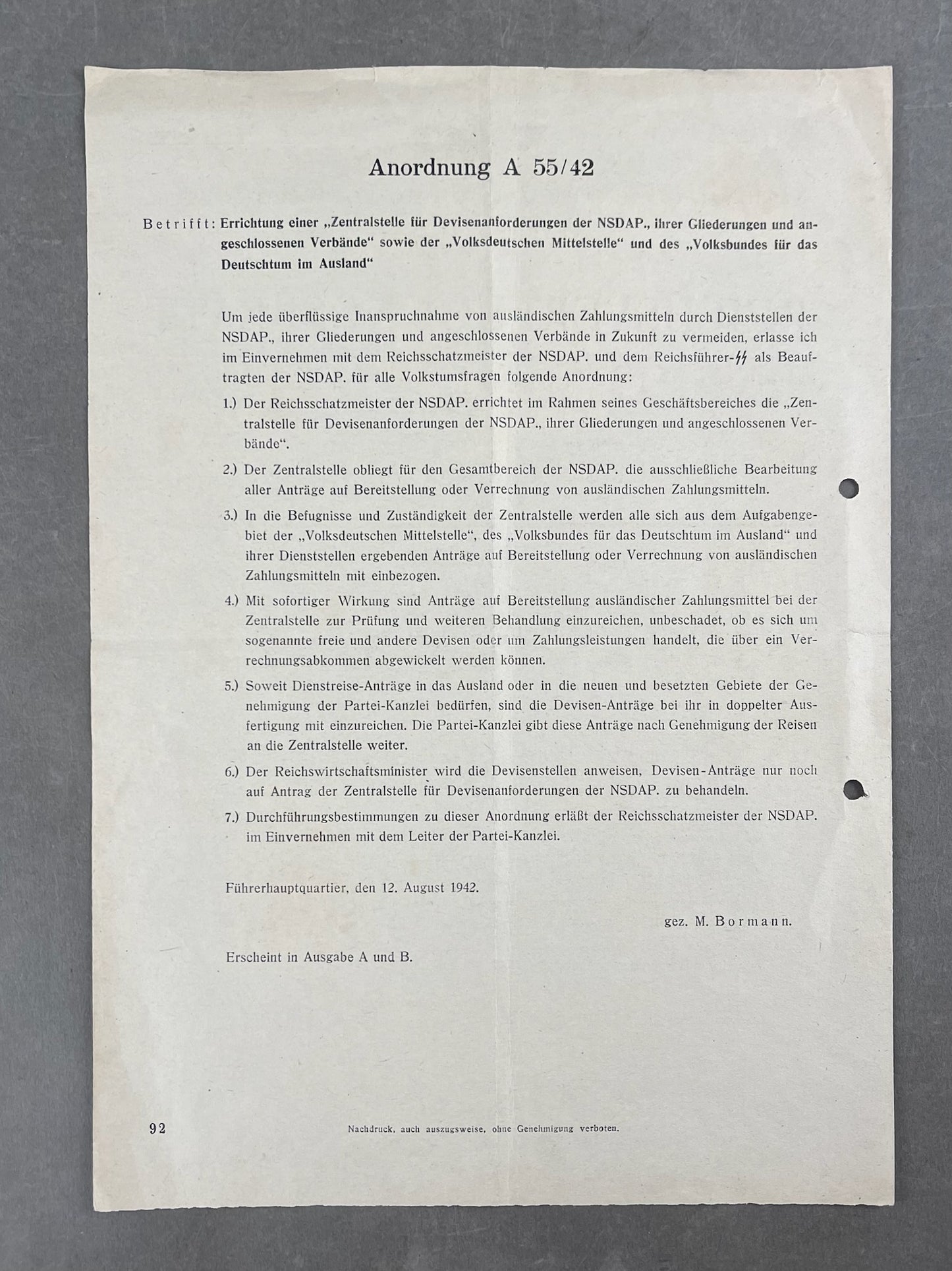 WW2 Tysk NSDAP "Reichsverfügungsblatt". Original.