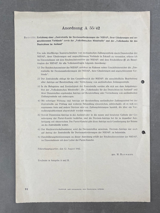 WW2 Tysk NSDAP "Reichsverfügungsblatt". Original.