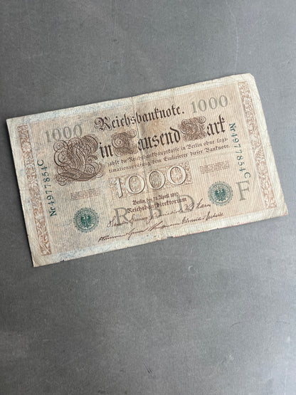 WW1 Tysk "Reichsbanknote" Pengeseddel. Original.
