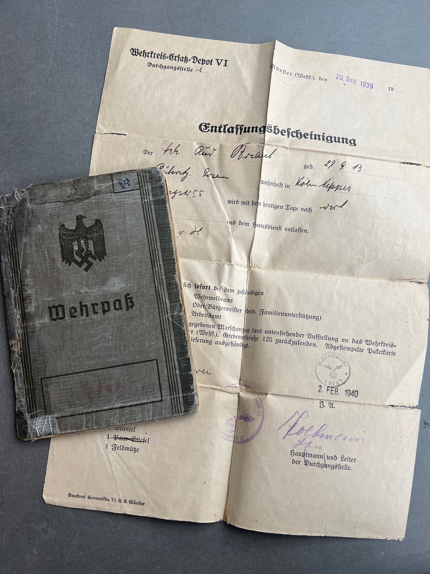 WW2 Tysk Wehrmacht Wehrpass fra en MG34 Skytte. Original.