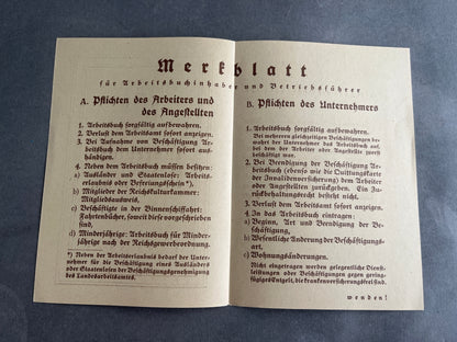 WW2 Tysk "Werfblatt" fra 1935 til "Arbeitsbuch". Original.