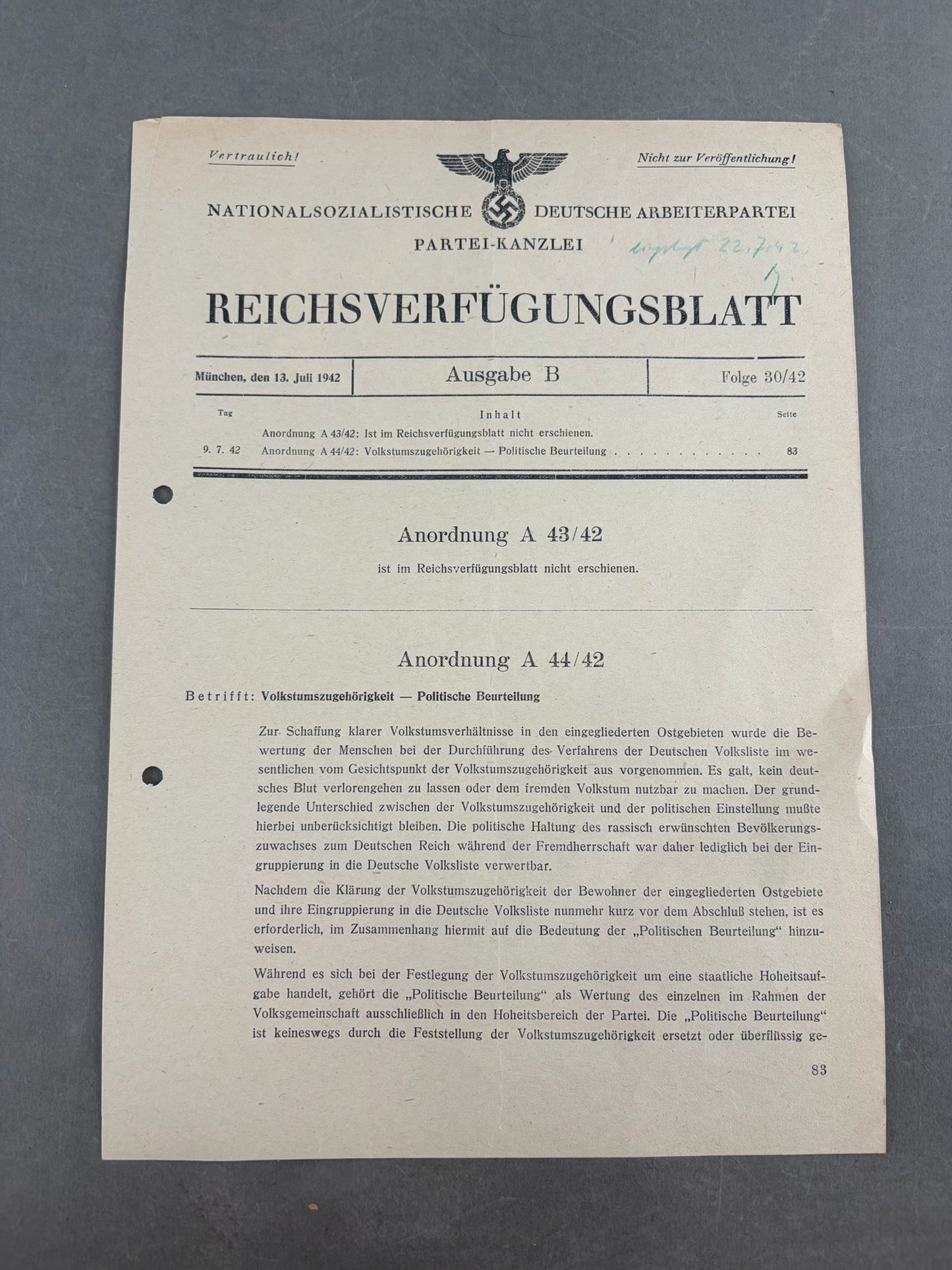 WW2 Tysk NSDAP "Reichsverfügungsblatt". Original.