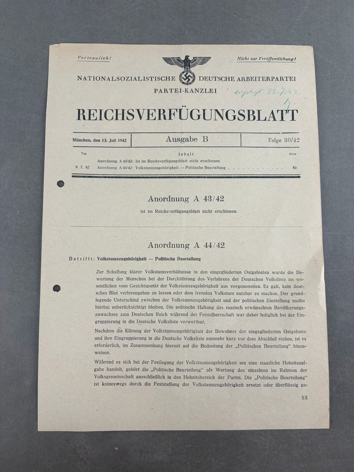 WW2 Tysk NSDAP "Reichsverfügungsblatt". Original.
