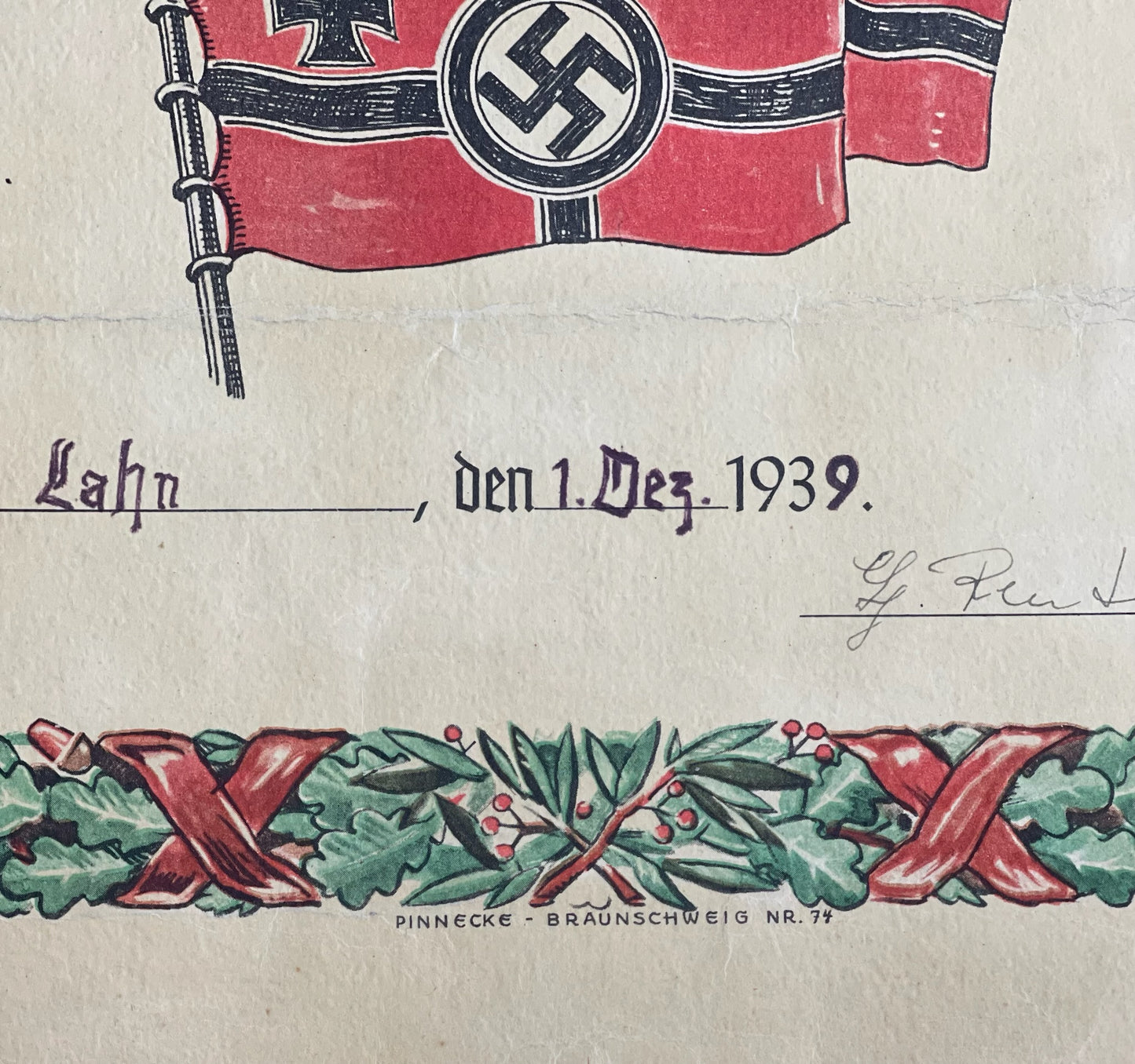 WW2 Tysk Luftwaffe Urkunde. Stor. A3-størrelse. Original.