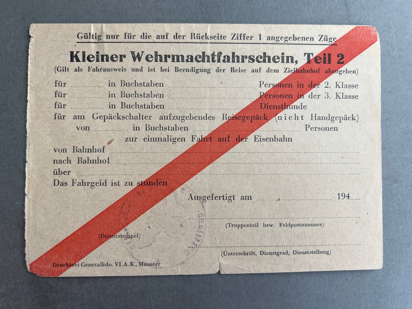 WW2 Tysk Wehrmacht "Kleiner Wehrmachtfahrschein". Ubrugt. Original.