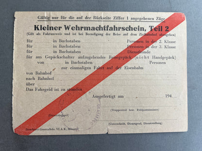 WW2 Tysk Wehrmacht "Kleiner Wehrmachtfahrschein". Ubrugt. Original.