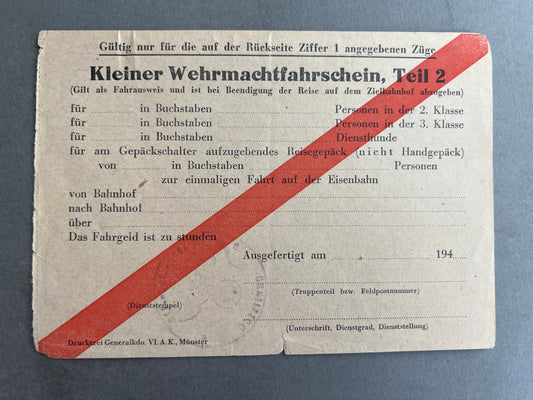 WW2 Tysk Wehrmacht "Kleiner Wehrmachtfahrschein". Ubrugt. Original.