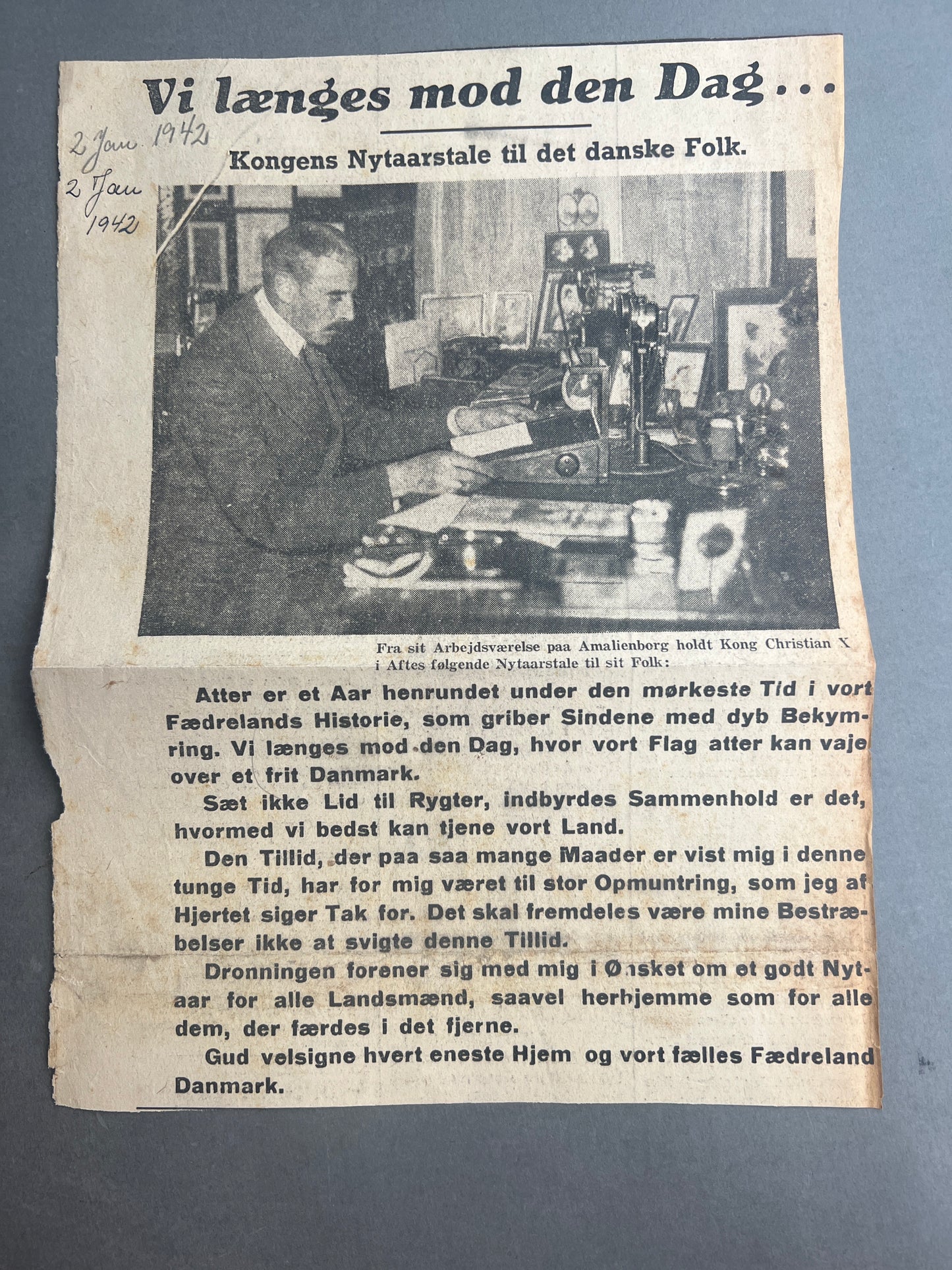 WW2 Dansk Avisudklip med Kongens Nytårstale 1942. Original.