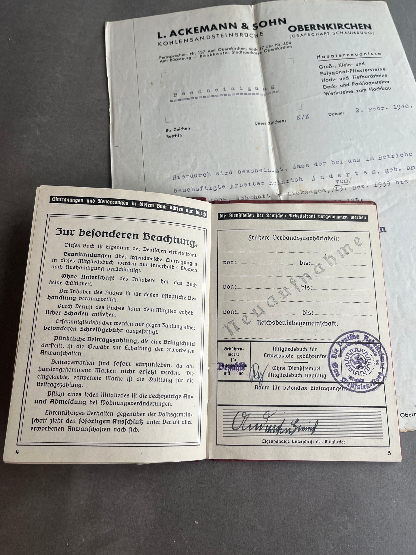 WW2 Tysk DAF Medlemsbog. Original