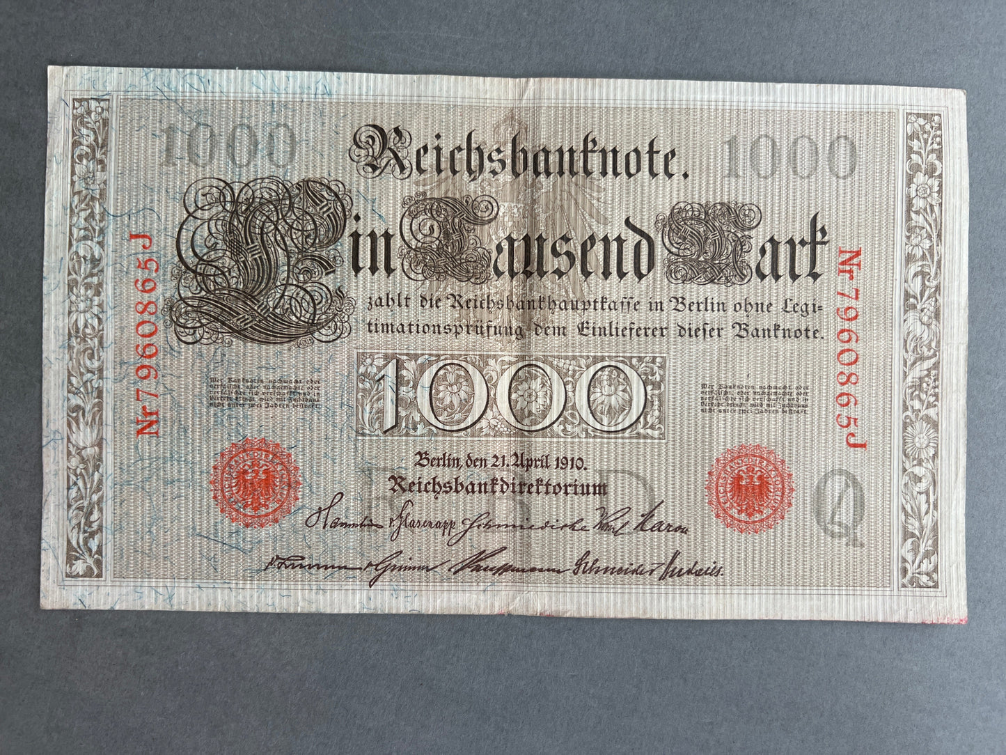 WW1 Tysk "Reichsbanknote" Pengeseddel. Fra 1910. Original.