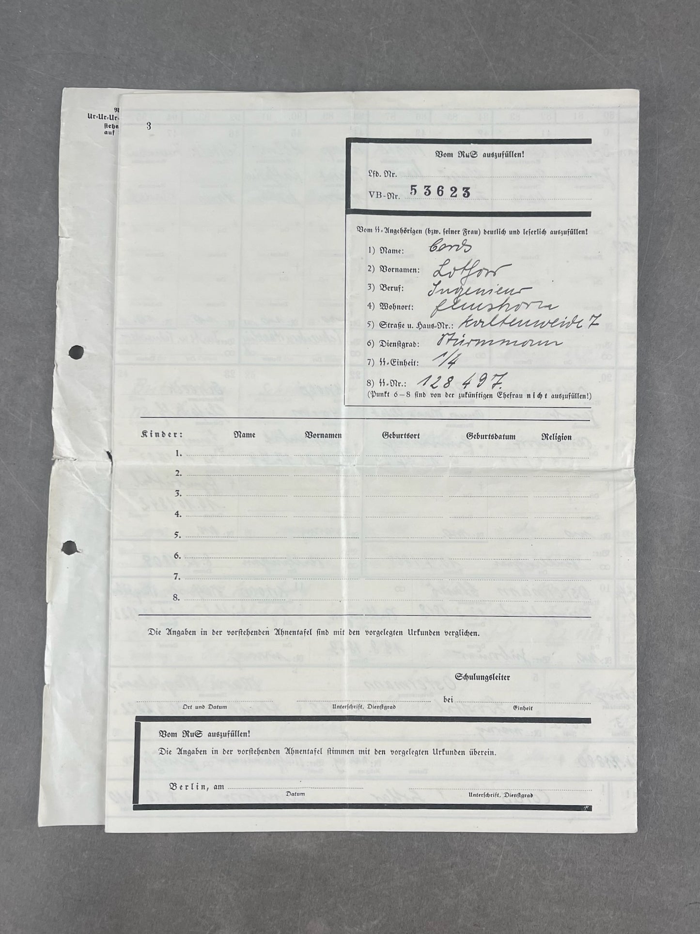 WW2 Tysk Waffen-SS "SS-Ahnentafel" (Stamtræ). Sjælden. Original.