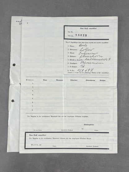 WW2 Tysk Waffen-SS "SS-Ahnentafel" (Stamtræ). Sjælden. Original.