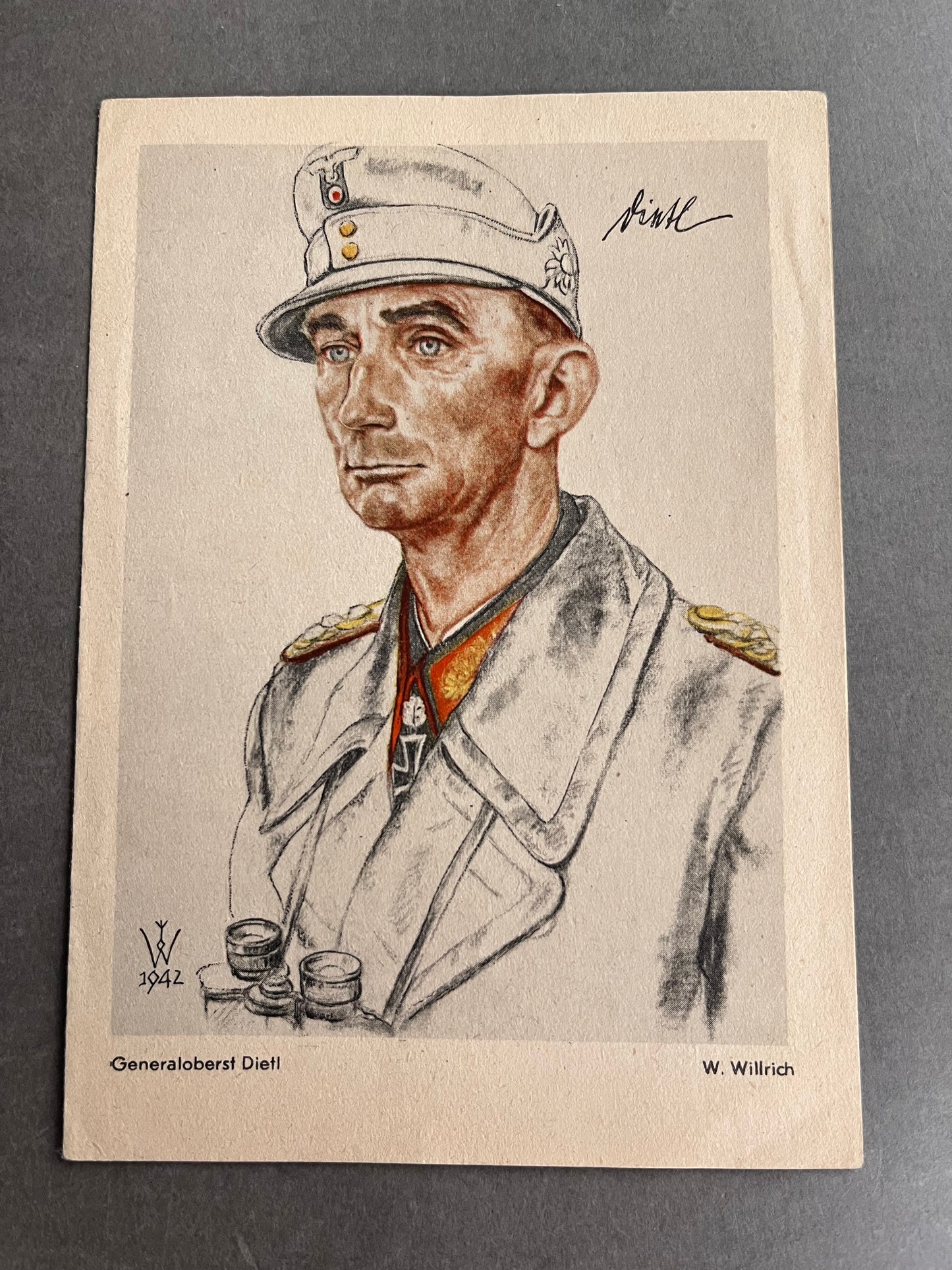 WW2 Tysk Wehrmacht "Gebirgsjäger" General Postkort. Med Ridderkors og Egeløv. Original.