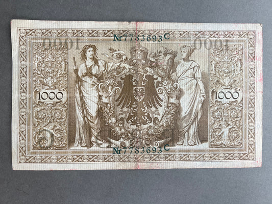 WW1 Tysk "Reichsbanknote" Pengeseddel. Fra 1910. Original.