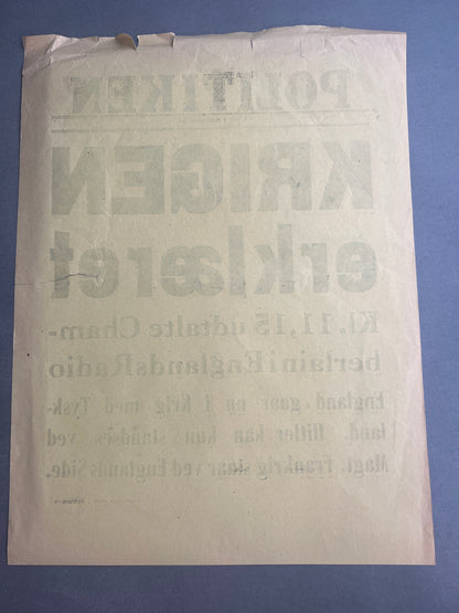 WW2 Dansk Politiken "Spiseseddel" om England erklærer Tyskland krig. A4-størrelse. Original.