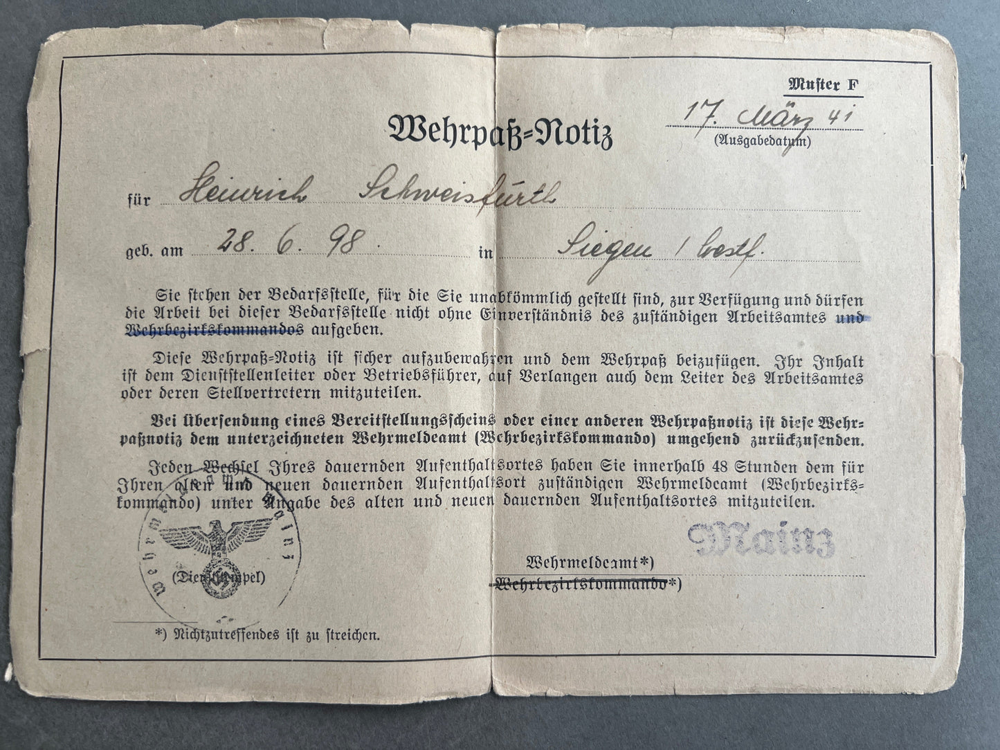 WW2 Tysk Wehrpass-Notiz. Original.
