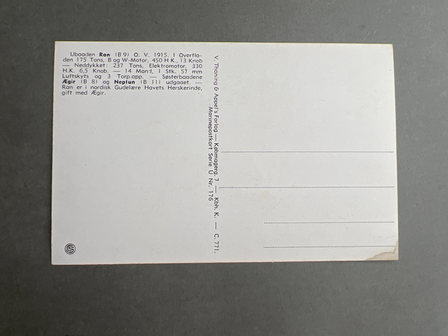 WW1/WW2 Dansk Marine Postkort. Ubåden "RAN" motiv. Original.