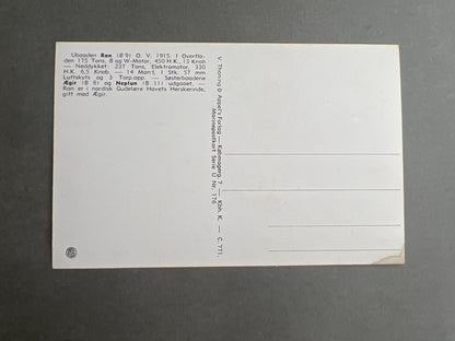 WW1/WW2 Dansk Marine Postkort. Ubåden "RAN" motiv. Original.