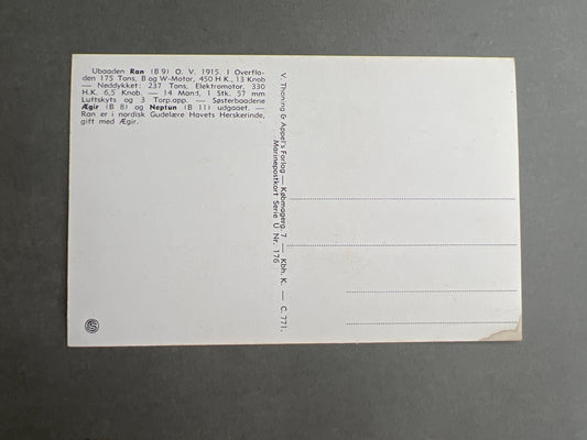 WW1/WW2 Dansk Marine Postkort. Ubåden "RAN" motiv. Original.