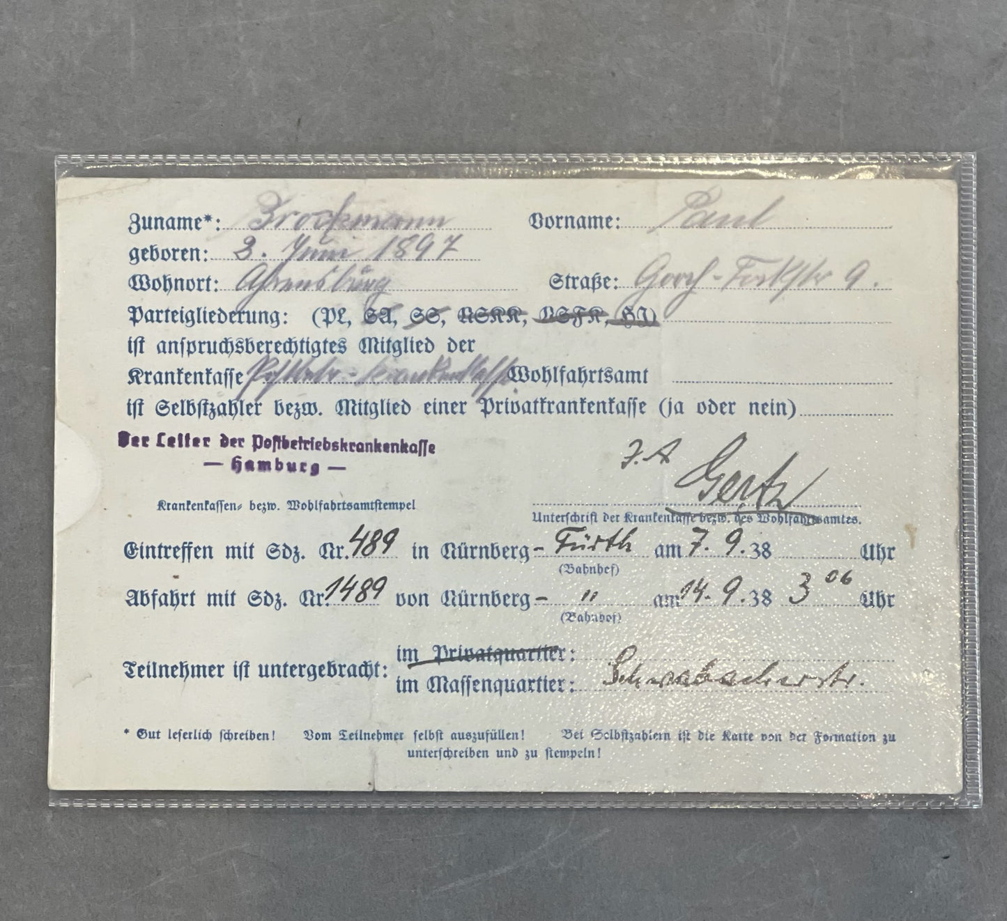 WW2 Tysk "Reichsparteitages 1938"-Ausweiss. Sjælden. Original.