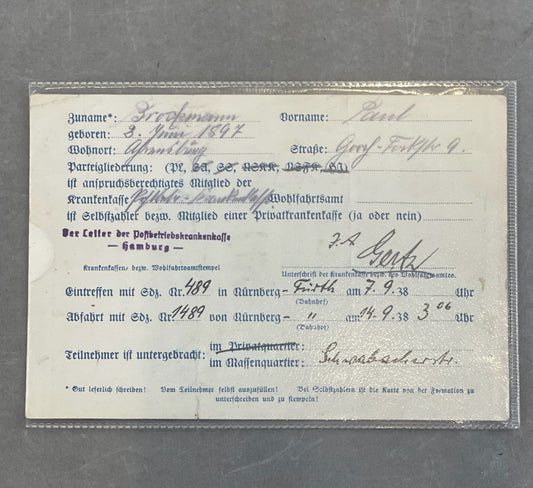 WW2 Tysk "Reichsparteitages 1938"-Ausweiss. Sjælden. Original.