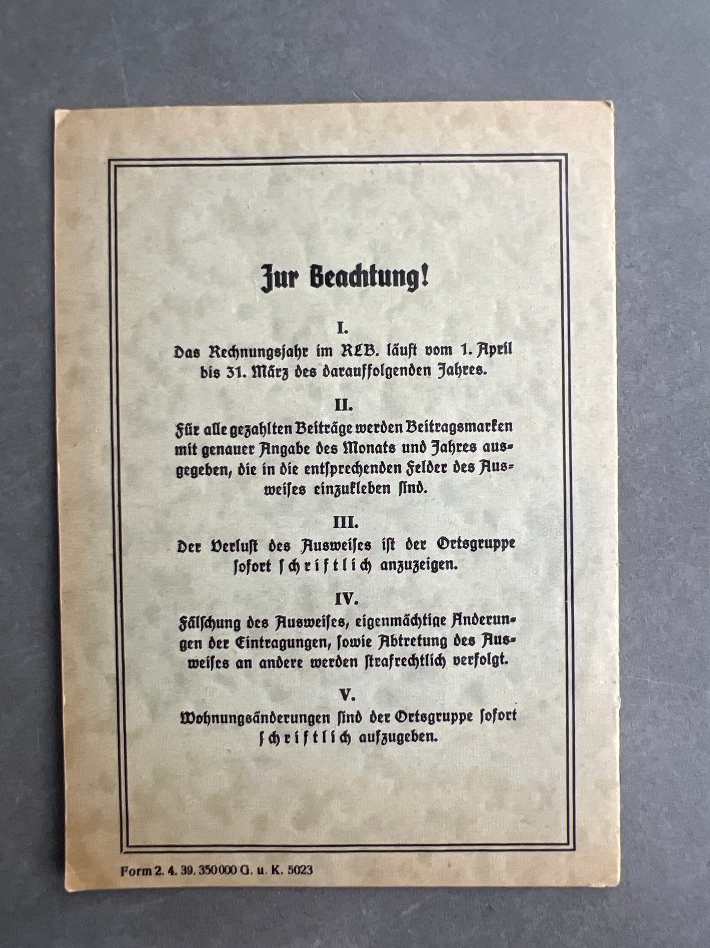 WW2 Tysk Reichsluftschutzbund Medlemsbog. Original.