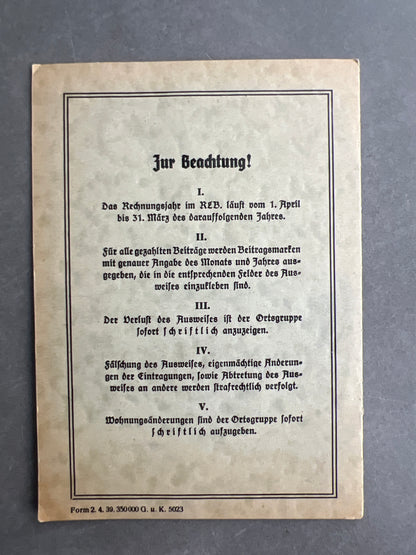 WW2 Tysk Reichsluftschutzbund Medlemsbog. Original.